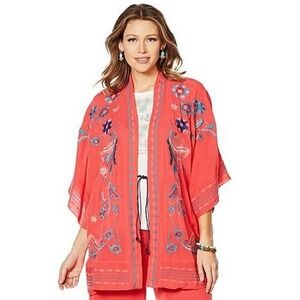 Curations Kimono Top Women M/L Pink Gauze‎ Floral Embroidered Open Front Boho